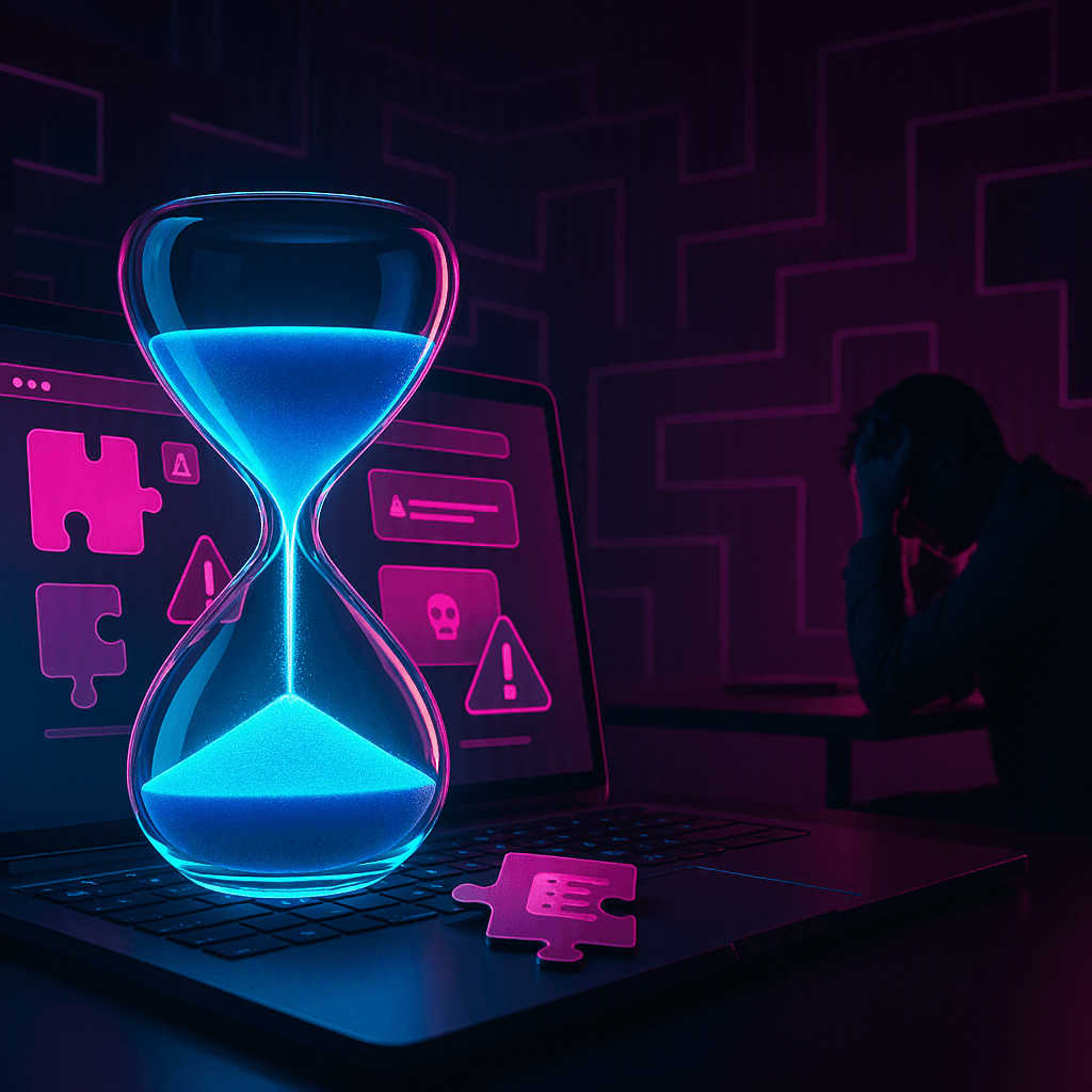 Reloj de arena sobre portátil con errores técnicos y laberinto de neón, representando la pérdida de tiempo al crear una web uno mismo.