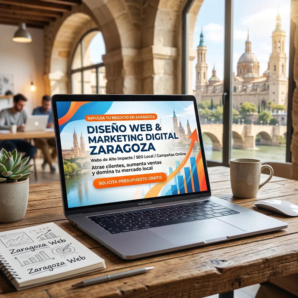 Laptop screen showing digital marketing and web design services for Zaragoza with a call to action.